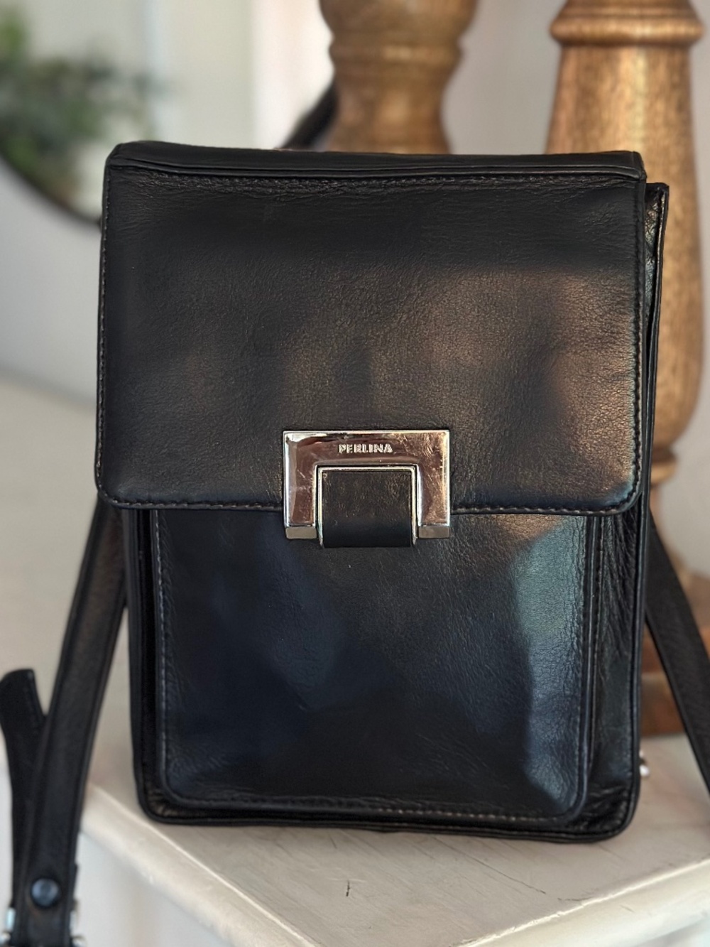 Perlina Black Leather Crossbody Wallet Phone Bag